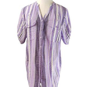 Roaman's 14W Purple Striped Cotton Button Up V Neck Shirt Roll Tab 3/4 Sleeves